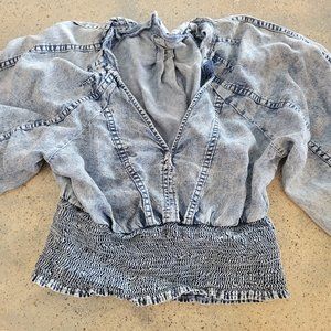 Zenana Womens Denim Cropped Cuntry Style Blouse Shirt Size Medium